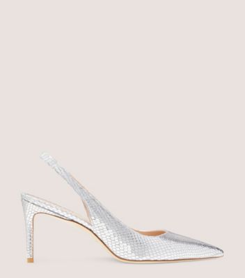 Stuart Weitzman,Stuart 75 Slingback Pump,Pump,Metallic snake embossed leather,Silver