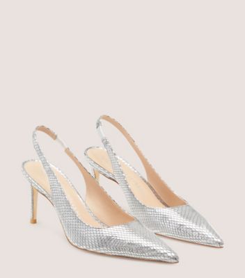 Stuart Weitzman,Stuart 75 Slingback Pump,Pump,Metallic snake embossed leather,Silver,Angle View