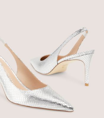 Stuart Weitzman,Stuart 75 Slingback Pump,Pump,Metallic snake embossed leather,Silver