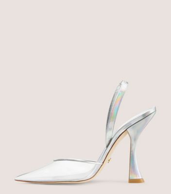 Stuart Weitzman,Escarpin à bride arrière Stuart Xcurve 100,Pump,Cuir verni texturé irisé et PVC,Argent et transparent