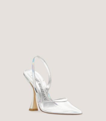 Stuart Weitzman,Stuart Xcurve 100 Slingback,Pump,Textured iridescent patent & PVC,Silver & Clear