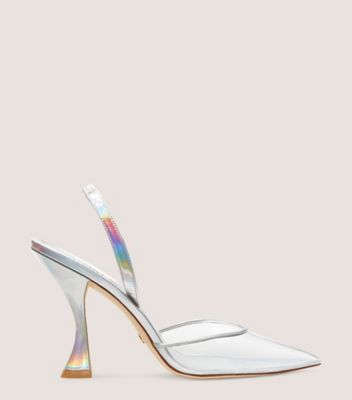 Stuart Weitzman,Escarpin à bride arrière Stuart Xcurve 100,Pump,Cuir verni texturé irisé et PVC,Argent et transparent