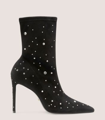 Stuart Weitzman,Stuart Cosmic 100 Bootie,Bootie,Stretch suede & crystal,Black & Clear,Front View