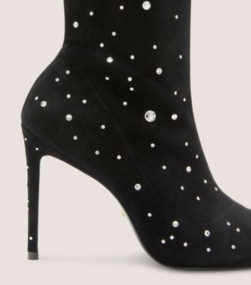 Stuart Weitzman,Bottine Stuart Cosmic 100,Bootie,Suède extensible et cristaux,Noir et transparent