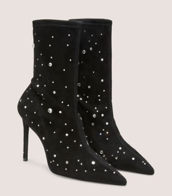 Stuart Weitzman,Stuart Cosmic 100 Bootie,Bootie,Stretch suede & crystal,Black & Clear,Angle View