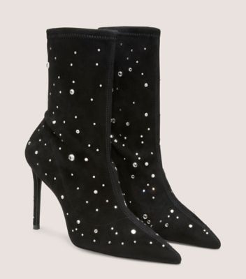 Stuart Weitzman,Bottine Stuart Cosmic 100,Bootie,Suède extensible et cristaux,Noir et transparent