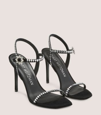 Stuart Weitzman,GEMCUT 100 SANDAL,Suede,Sandals,Crystal,Embellished,Rhinestones,Silver Metal,Cocktail,Black,Angle View