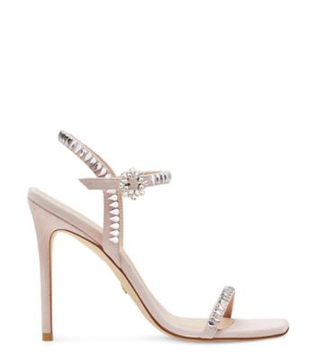 Stuart Weitzman,GEMCUT 100 SANDAL,Suede,Sandals,Crystal,Embellished,Rhinestones,Silver Metal,Cocktail,