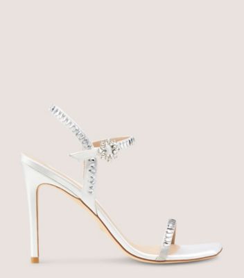 Stuart Weitzman,GEMCUT 100 SANDAL,Satin,Leather,Sandals,Crystal,Embellished,Rhinestones,Silver Metal,Formal,White,Front View