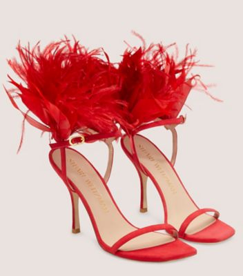 Stuart Weitzman,Plume 100 Sandal,Sandal,Suede & feather,Lipstick Red,Angle View