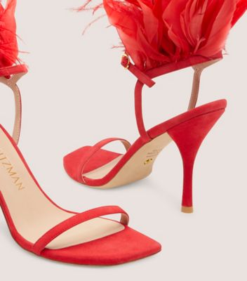 Stuart Weitzman,Plume 100 Sandal,Sandal,Suede & feather,Lipstick Red
