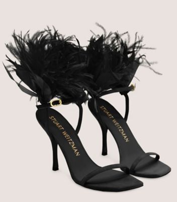 Stuart Weitzman,Plume 100 Sandal,Sandal,Suede & feather,Black,Angle View