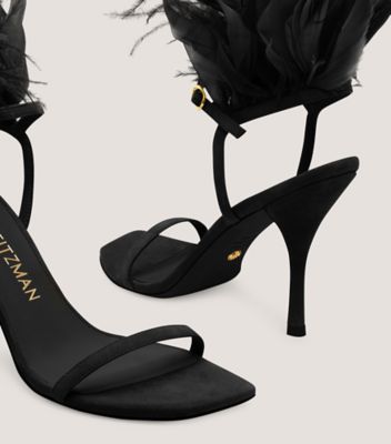 Stuart Weitzman,Plume 100 Sandal,Sandal,Suede & feather,Black,Detailed View