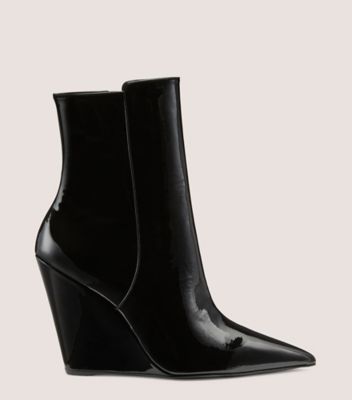 Stuart Weitzman,Bottine à fermeture éclair et à talon compensé Stuart 100,Bootie,Cuir verni,Noir