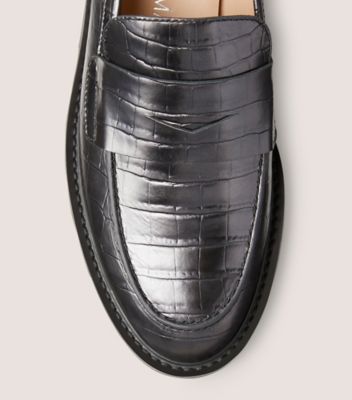 Stuart Weitzman,Parker Lift Loafer,Loafer,Specchio embossed croc leather,Gunmetal,top down View