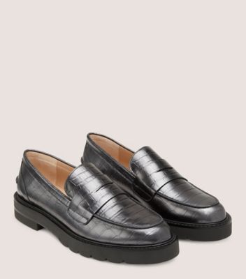 Stuart Weitzman,Parker Lift Loafer,Loafer,Specchio embossed croc leather,Gunmetal,Angle View