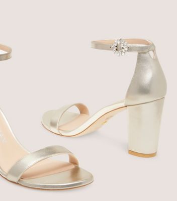 Stuart Weitzman,Nearlynude Gem Buckle Sandal,Sandal,Liquid Metallic Leather,Light Gold,Detailed View