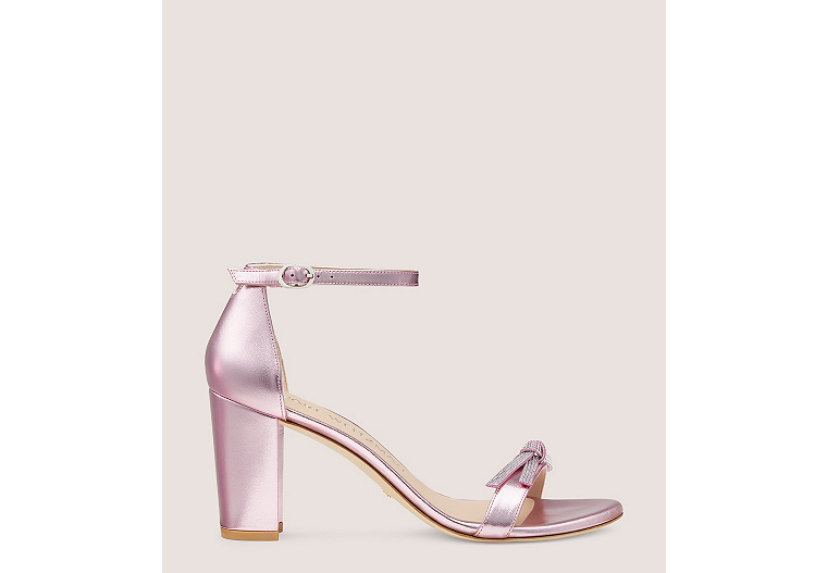 Stuart Weitzman,Nearlynude SW Bow Sandal,Sandal,Liquid Metallic Leather,Cotton Candy,Front View