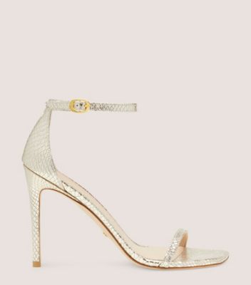 Stuart Weitzman,Nudistcurve 100 Sandal,Sandal,Metallic snake embossed leather,Platino Gold,Front View