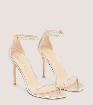 Stuart Weitzman,Sandale Nudistcurve 100,Sandal,Cuir embossé serpent métallique,Or platino