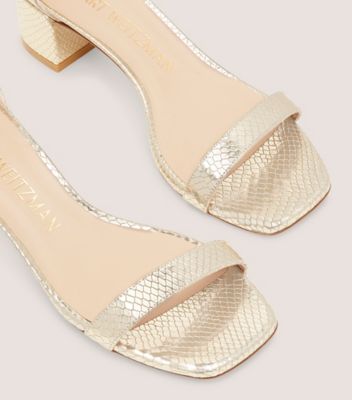 Stuart Weitzman,NUDISTCURVE 35 BLOCK SANDAL,Leather,Metallic,Sandals,Day Party,Gold,Metallic,Detailed View