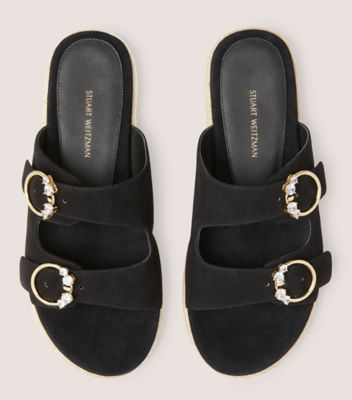 Stuart Weitzman,CRYSTAL RING ESPADRILLE FLAT SLIDE,Leather,Suede,Rubber,Espadrilles,Slides,Crystal,Rhinestones,Casual,Black,Top View