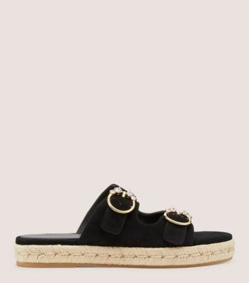 Stuart Weitzman,CRYSTAL RING ESPADRILLE FLAT SLIDE,Sandal,Suede,Black,Front View