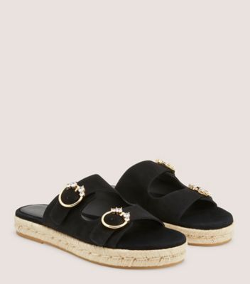 Stuart Weitzman,CRYSTAL RING ESPADRILLE FLAT SLIDE,Leather,Suede,Rubber,Espadrilles,Slides,Crystal,Rhinestones,Casual,Black,Angle View