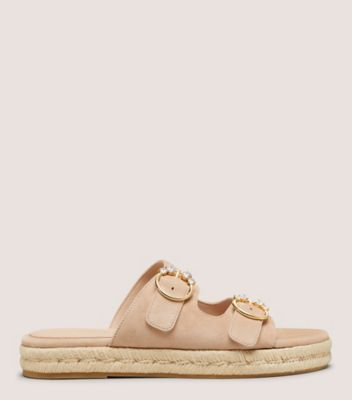 Stuart Weitzman,Espadrille mule plate avec anneaux à cristaux,Sandal,Suède,Beige doré