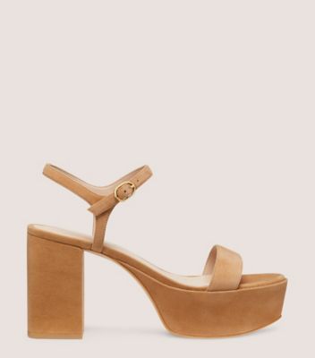 Stuart Weitzman,DANCER MID BLOCK PLATFORM SANDAL,Leather,Suede,Rubber,Sandals,Party,Brown,Front View
