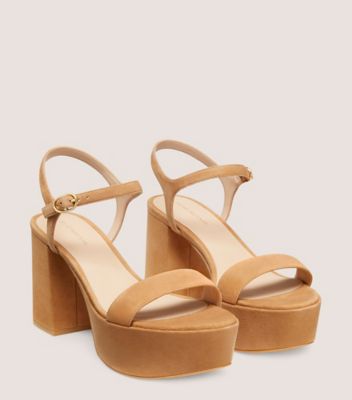Stuart Weitzman,DANCER MID BLOCK PLATFORM SANDAL,Leather,Suede,Rubber,Sandals,Party,Brown,Angle View
