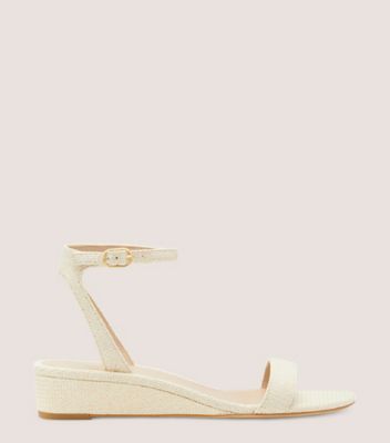 Stuart Weitzman,AVENUE 35 ANKLE-STRAP WEDGE SANDAL,Leather,Raffia,Rubber,Sandals,Day Party,Cream