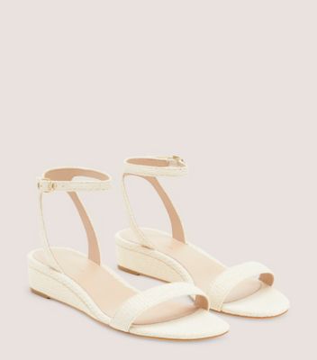 Stuart Weitzman,AVENUE 35 ANKLE-STRAP WEDGE SANDAL,Leather,Raffia,Rubber,Sandals,Day Party,Cream