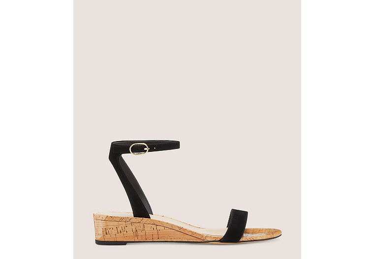 Stuart Weitzman,Avenue 35 Ankle-Strap Wedge Sandal,Sandal,Suede & cork,Black,Front View