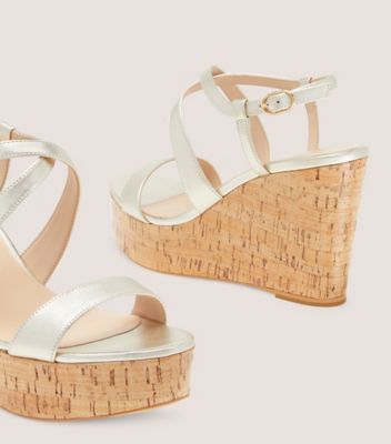 Stuart Weitzman,Sandale à talon compensé Avenue 75,Sandal,Cuir métallique et liège,Or platino