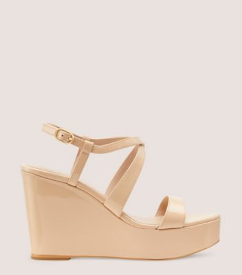 Stuart Weitzman,Avenue 75 Wedge Sandal,Sandal,Patent leather,Golden Beige,Front View