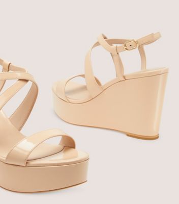 Stuart Weitzman,AVENUE 75 WEDGE SANDAL,Leather,Rubber,Sandals,Day Party,Beige