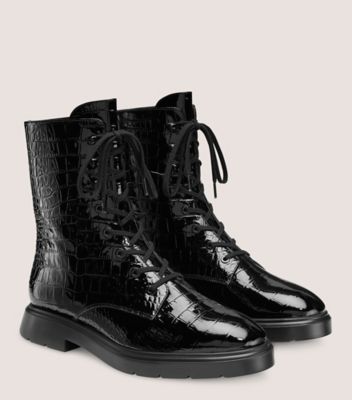Stuart Weitzman,MCKENZEE BOOTIE,Leather,Rubber,Combat,Animal Skin Embossing,Pull Tab,Casual,Black,Angle View