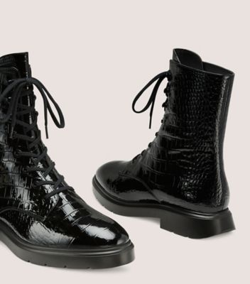 Stuart Weitzman,MCKENZEE BOOTIE,Leather,Rubber,Combat,Animal Skin Embossing,Pull Tab,Casual,Black,Detailed View