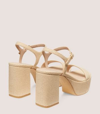 Stuart Weitzman,DANCER MID BLOCK PLATFORM SANDAL,Leather,Raffia,Rubber,Sandals,Party,Beige,Back View