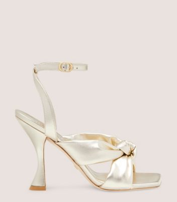 Stuart Weitzman,Playa Ankle-Strap 100 Knot Sandal,Sandal,Liquid Metallic Leather,Platino Gold