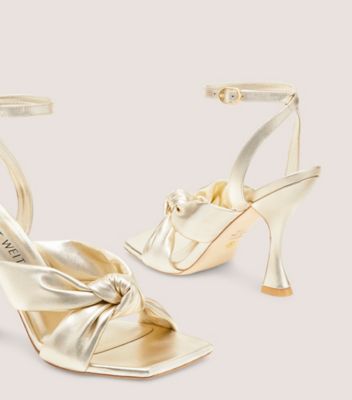 Stuart Weitzman,Playa Ankle-Strap 100 Knot Sandal,Sandal,Liquid Metallic Leather,Platino Gold