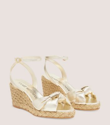 Stuart Weitzman,Playa Espadrille Knot Wedge,Sandal,Liquid metallic leather & jute,Platino & Natural