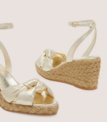 Stuart Weitzman,Espadrille à nœud et à talon compensé Playa,Sandal,Cuir métallique liquide et jute,Platino et naturel,Detailed View