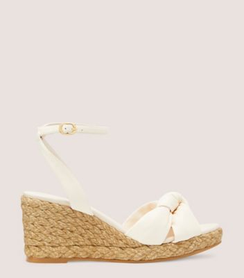 Stuart Weitzman,Espadrille à nœud et à talon compensé Playa,Sandal,Cuir nappa verni et jute,Coquillage et naturel,Front View