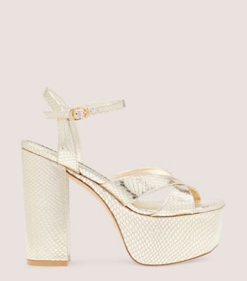 Stuart Weitzman,Miami Squarehigh 140 Platform Sandal,Sandal,Metallic snake embossed leather,Platino Gold