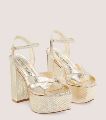 Stuart Weitzman,Miami Squarehigh 140 Platform Sandal,Sandal,Metallic snake embossed leather,Platino Gold,Angle View