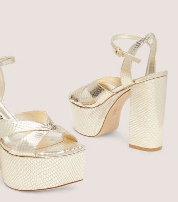 Stuart Weitzman,MIAMI SQUAREHIGH 140 PLATFORM SANDAL,Leather,Rubber,Sandals,Party,Gold,Metallic,Detailed View