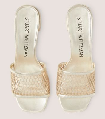 Stuart Weitzman,Cayman 35 Block Slide,Slide,Glitter mesh & liquid metallic leather,Platino & Light Gold,Detailed View