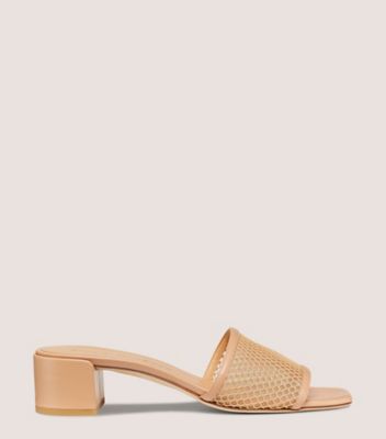 Stuart Weitzman,CAYMAN 35 BLOCK SLIDE,Leather,Mesh,Slides,Leather Embellishment,Day Party,Beige,Front View